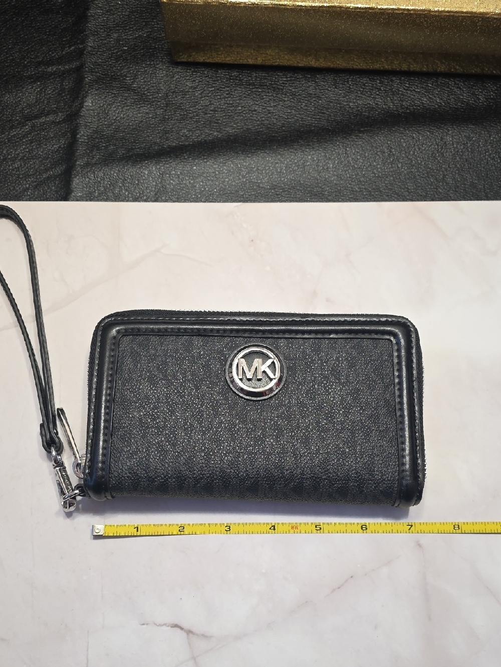 Michael Kors Black Leather MK Zip-Around Wristlet